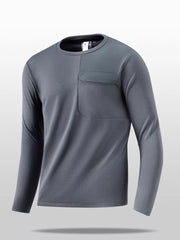 Men's dark gray long sleeve crew neck tee with chest pocket detail