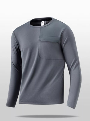 Men's dark gray long sleeve crew neck tee with chest pocket detail