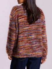 Cozy textured knit cardigan with multicolor stripes and fuzzy yarn detail.