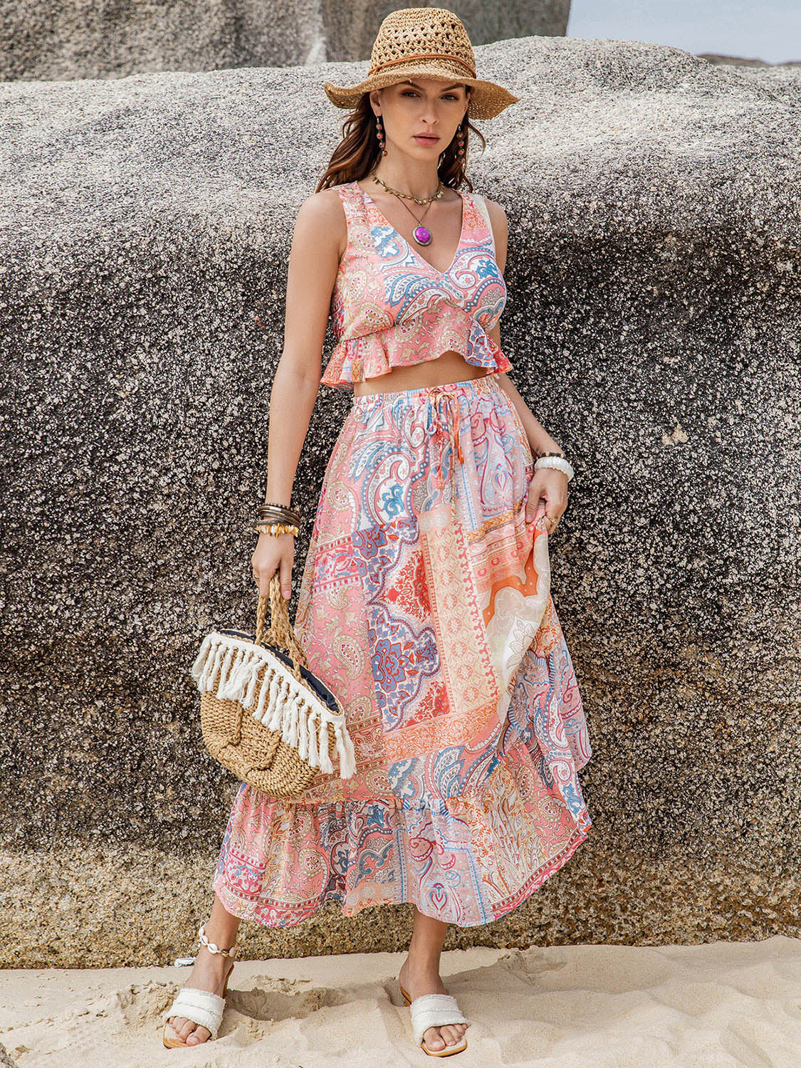 Paisley ruffle crop top and midi skirt set in blush pink with a boho print, V-neck, and tiered hem.