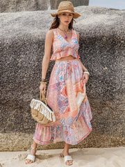 Paisley ruffle crop top and midi skirt set in blush pink with a boho print, V-neck, and tiered hem.