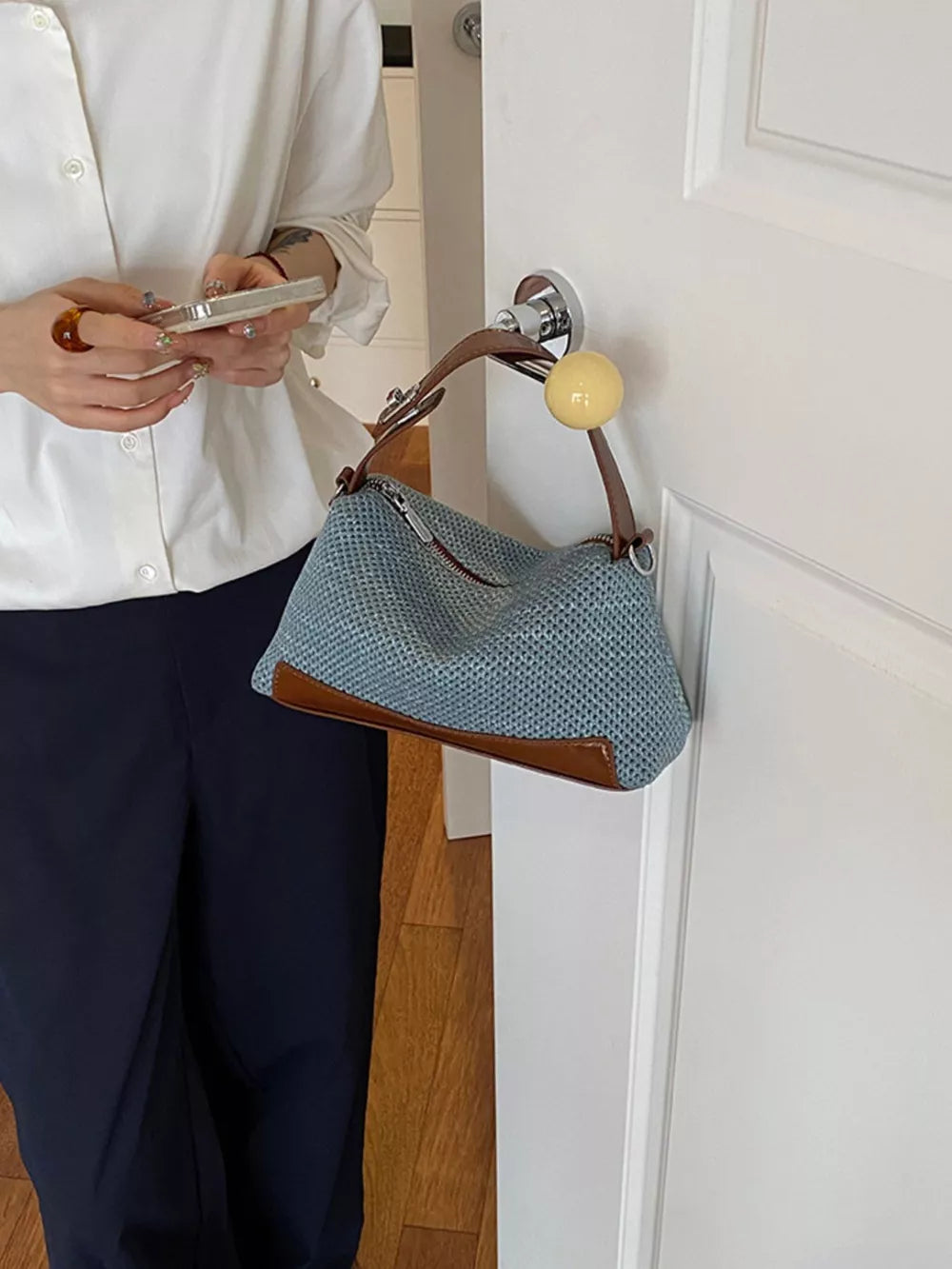 Woven Texture Crossbody Bag in Blue, back view