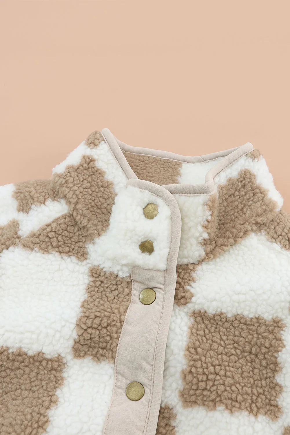 Teddy checkered utility jacket in Dust Storm with snap button closure and mock neck detail.