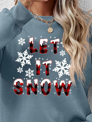 Misty Blue crewneck sweatshirt with "Let It Snow" graphic and snowflakes.