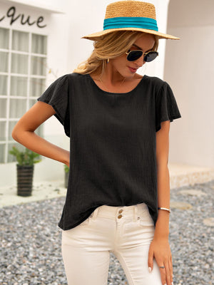 Black textured blouse with flutter sleeves and a scoop neck.