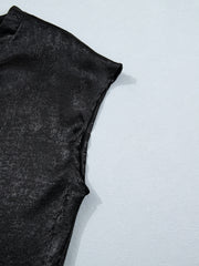 Black metallic tee with cap sleeves and a textured finish.