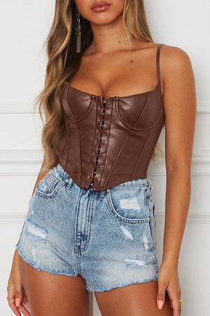 Dark brown faux leather corset cami top with hook-and-eye front closure and spaghetti straps.