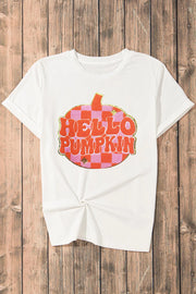 White graphic tee with a retro pumpkin design saying Hello Pumpkin