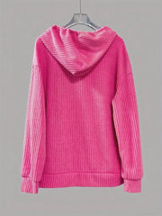 Fuchsia pink ribbed knit hoodie with drawstring and button-front detail.