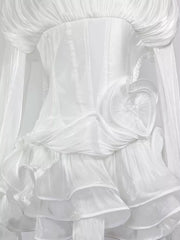 White ruffled mini dress with corset waist and heart detail
