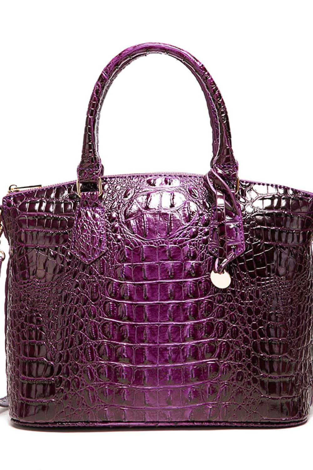 Deep purple crocodile embossed satchel with top handles and shoulder strap.
