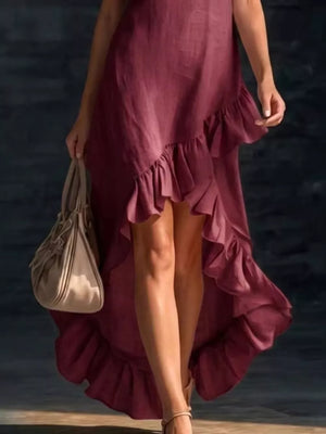 Full Size V-neck Ruffle Hem High-low Dress, model styling view