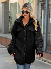Black teddy texture shacket with button front and chest pockets.