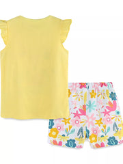 Toddler yellow cotton blend set with ruffled sleeves and floral print shorts.