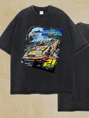 Black oversized tee with vintage race car and eagle graphic print