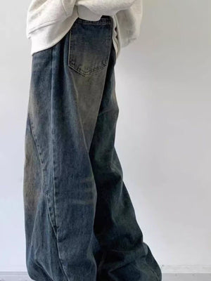 Men's vintage wash wide leg jeans in blue denim with a relaxed fit.