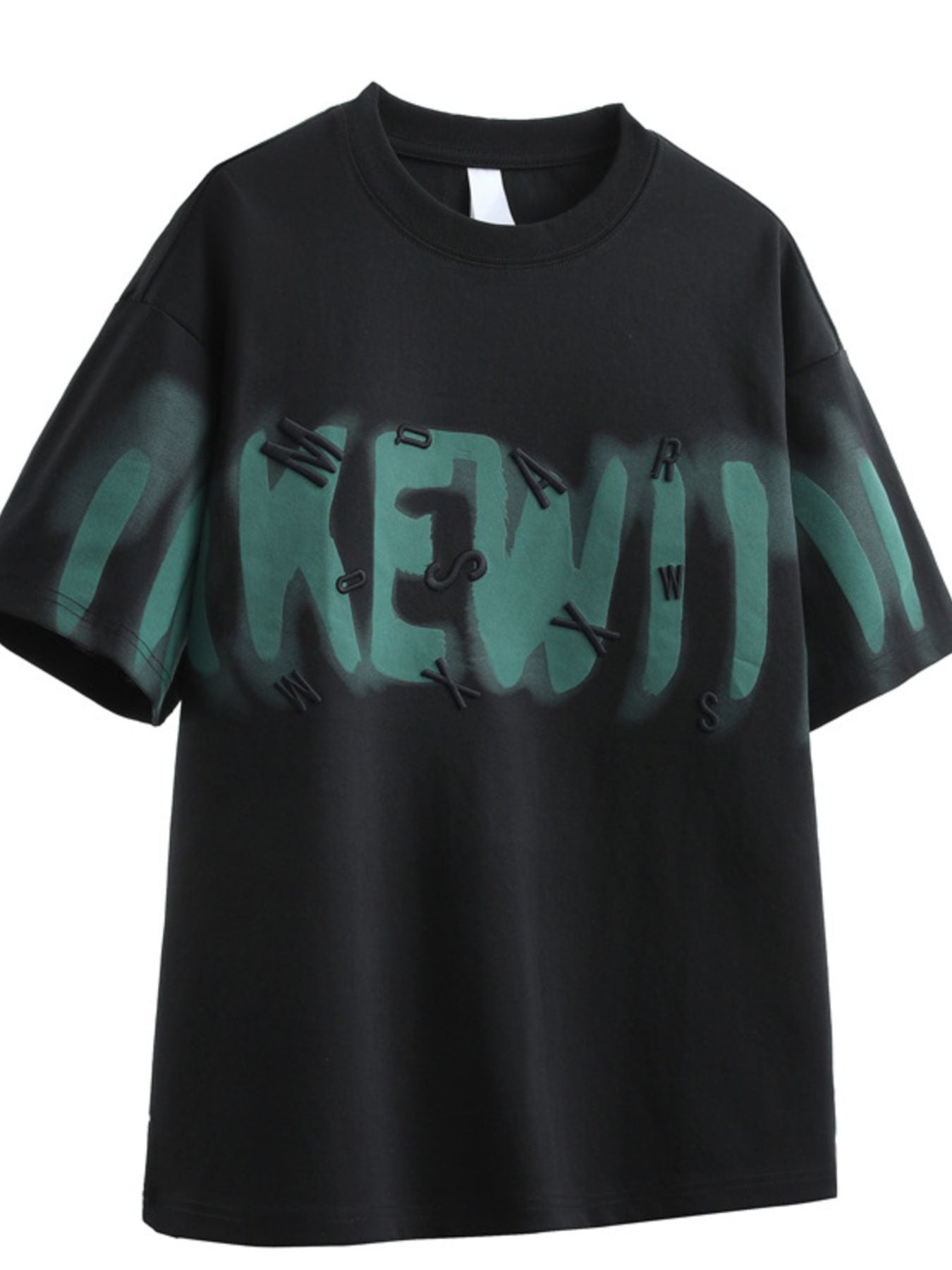 Black oversized graphic t-shirt with green spray paint effect and raised lettering.