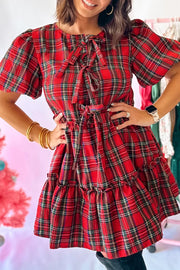 Plaid Knot Neck Short Sleeve Mini Dress in Burgundy, front view