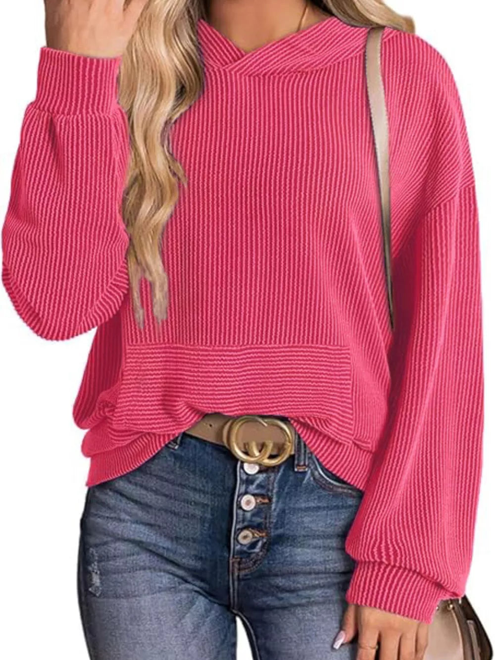 Rose Red ribbed V-neck oversized hoodie sweatshirt with balloon sleeves.