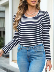 Navy and white striped tee with puff sleeves and a crew neck.
