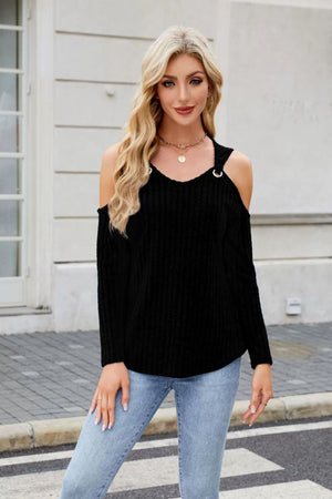 Black ribbed cold-shoulder top with ring detail at neckline and long sleeves.