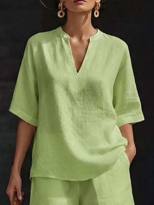 Green notched v-neck two-piece set with pockets, casual comfortable women's outfit