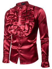 Men's burgundy satin ruffle front shirt with button-down closure and ruffled cuffs.