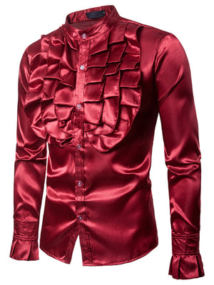 Men's burgundy satin ruffle front shirt with button-down closure and ruffled cuffs.