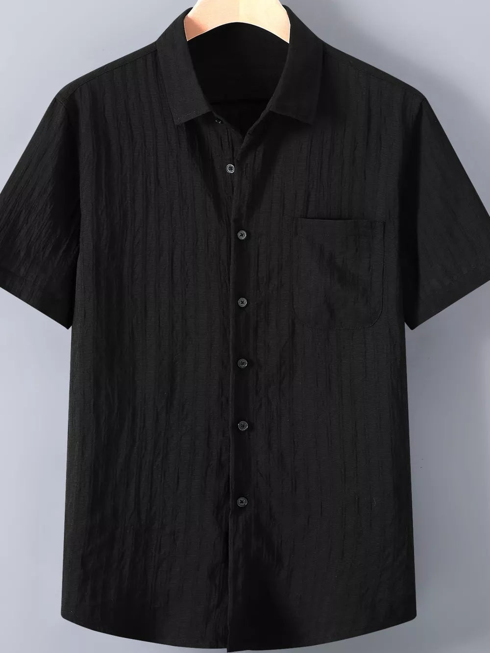 Black textured button-up short-sleeve men's shirt with chest pocket