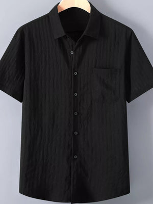 Black textured button-up short-sleeve men's shirt with chest pocket
