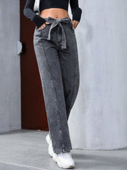 Belted wide-leg washed denim trousers in dark gray with a tie waist.