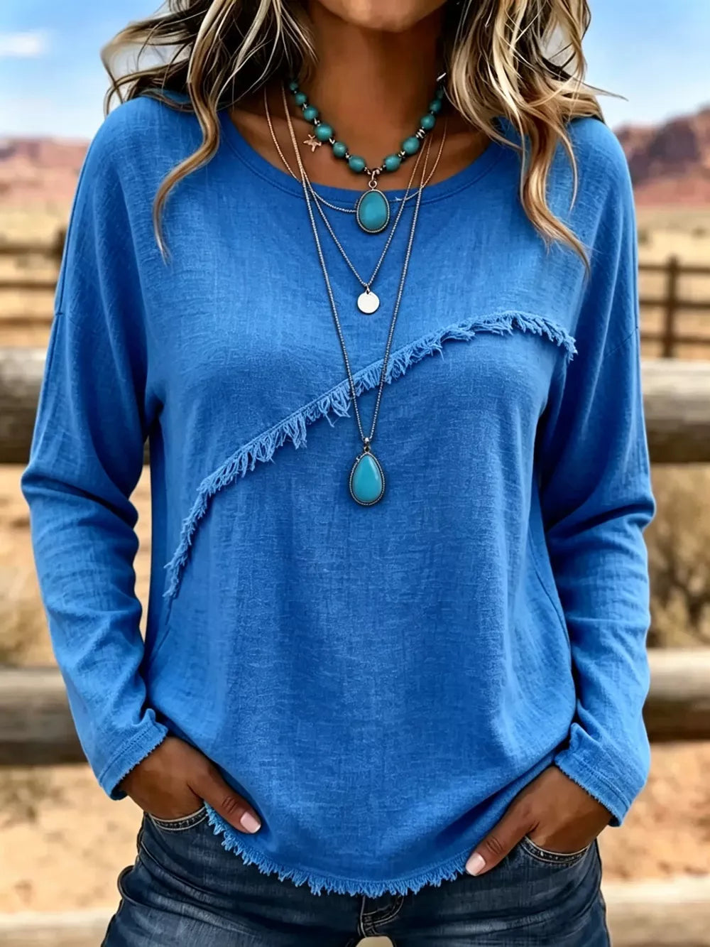 Full Size Fringe Detail Long Sleeve T-shirt Plus Size in Orange, front view
