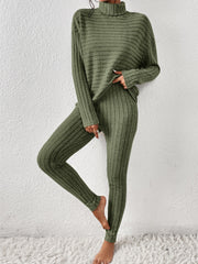 Textured turtleneck lounge set in matcha green with ribbed detail