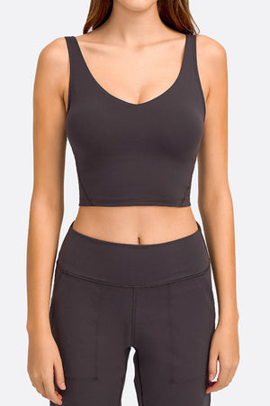 Sculpted Scoop Neck Crop Top in Gray with a seamless design and wide straps.