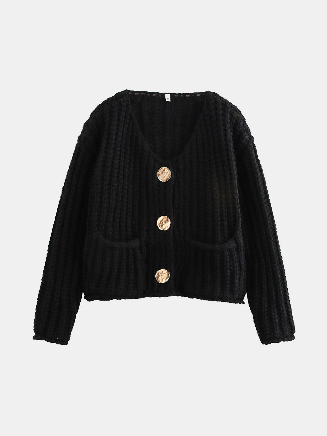 Black chunky knit cardigan with statement gold buttons and patch pockets.