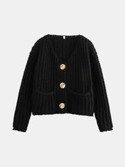Black chunky knit cardigan with statement gold buttons and patch pockets.