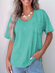 Mineral wash teal cotton v-neck tee with chest pocket and short sleeves