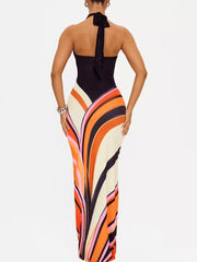 Elegant Halter Maxi Dress With Artistic Print
