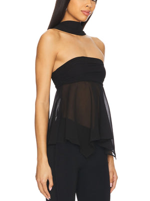 Black asymmetrical sheer top with elegant scarf neckline and draped hem