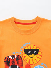 Orange cotton t-shirt for kids with a graphic print of a lion and a smiling sun wearing sunglasses.