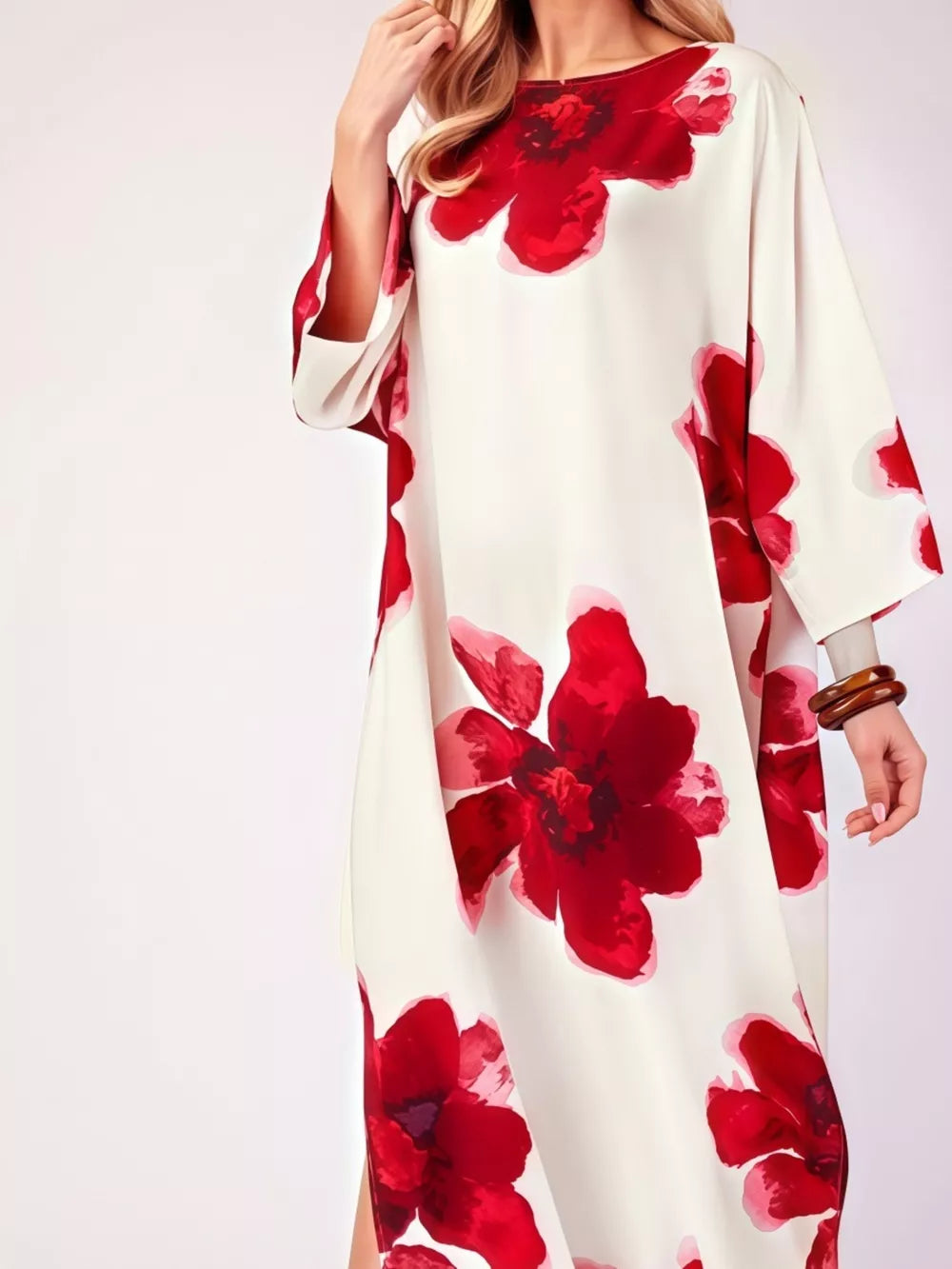 Floral Print Round Neck Dress in Blue, side view