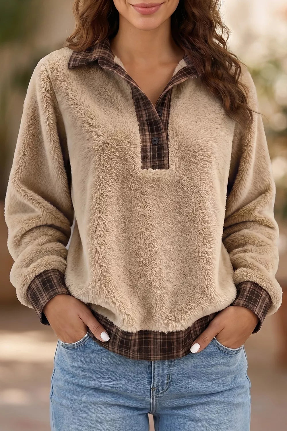 Plaid Collar Button Front Fleece Pullover Sweatshirt in Khaki, close-up detail