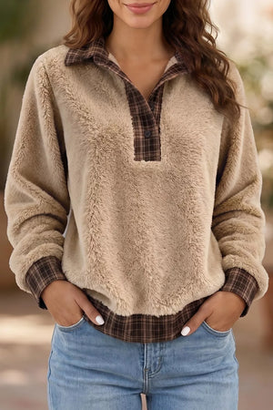 Plaid Collar Button Front Fleece Pullover Sweatshirt in Khaki, close-up detail