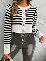 Cropped black and white striped cardigan with gold buttons