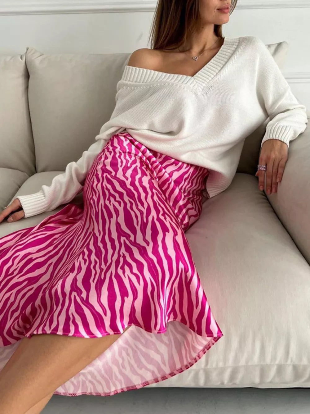 Fluid Zebra Print Satin Midi Skirt
