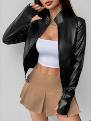 Black faux leather zip-up jacket with a stand collar and form-fitting cut.