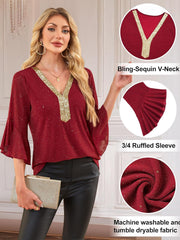 Red sequin V-neck blouse with 3/4 ruffled sleeves and gold trim.