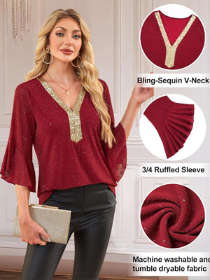 Red sequin V-neck blouse with 3/4 ruffled sleeves and gold trim.