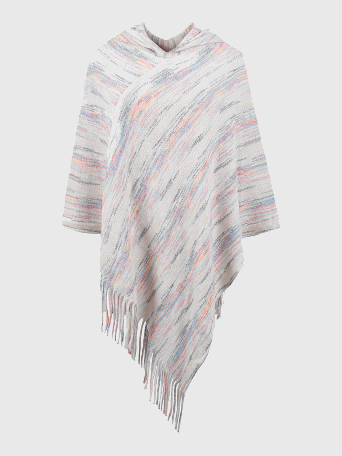 Hooded mélange cape in ivory with colorful threads and fringe detail.