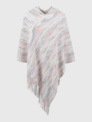 Hooded mélange cape in ivory with colorful threads and fringe detail.